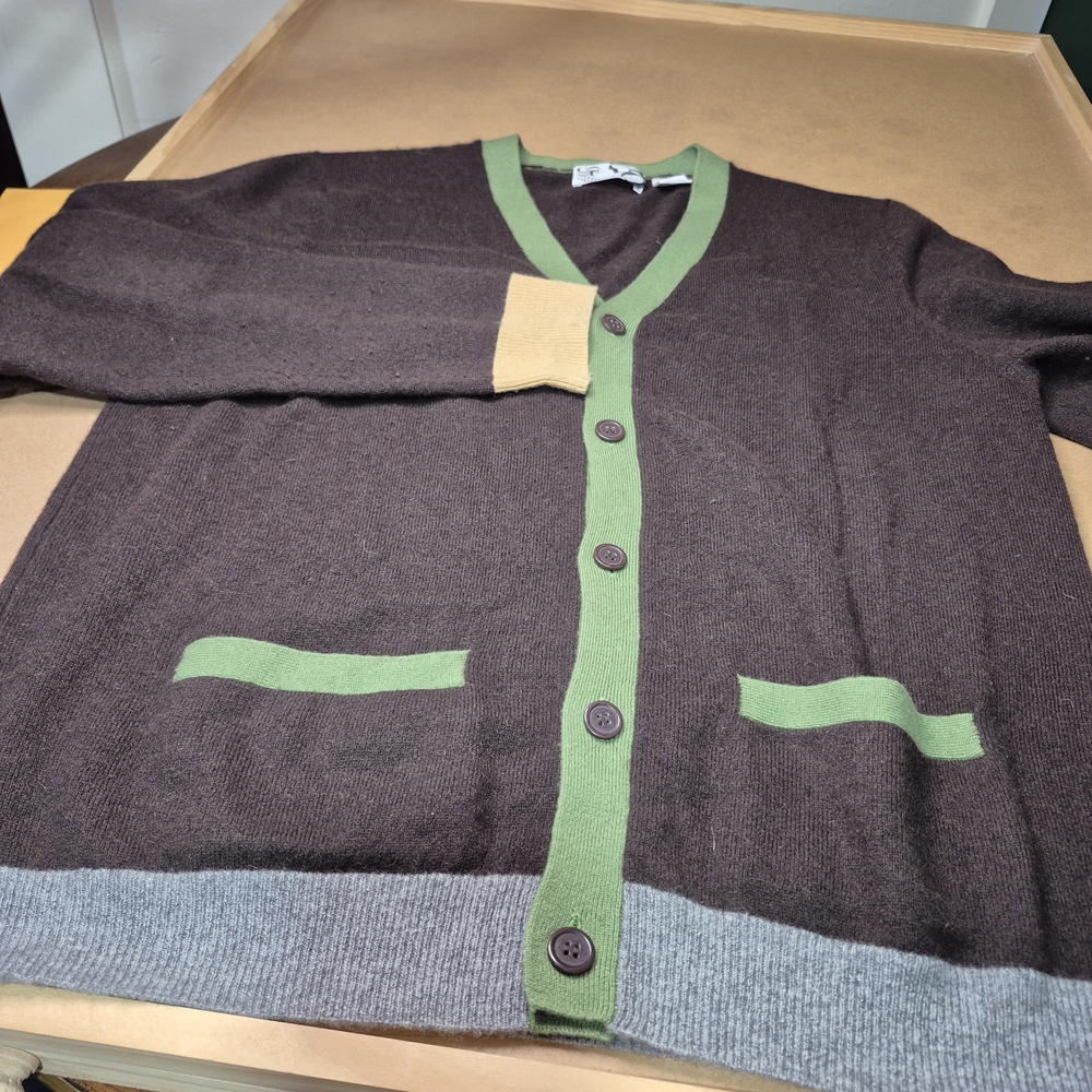 Barneys New York Brown Cardigan with Green and Gray Details